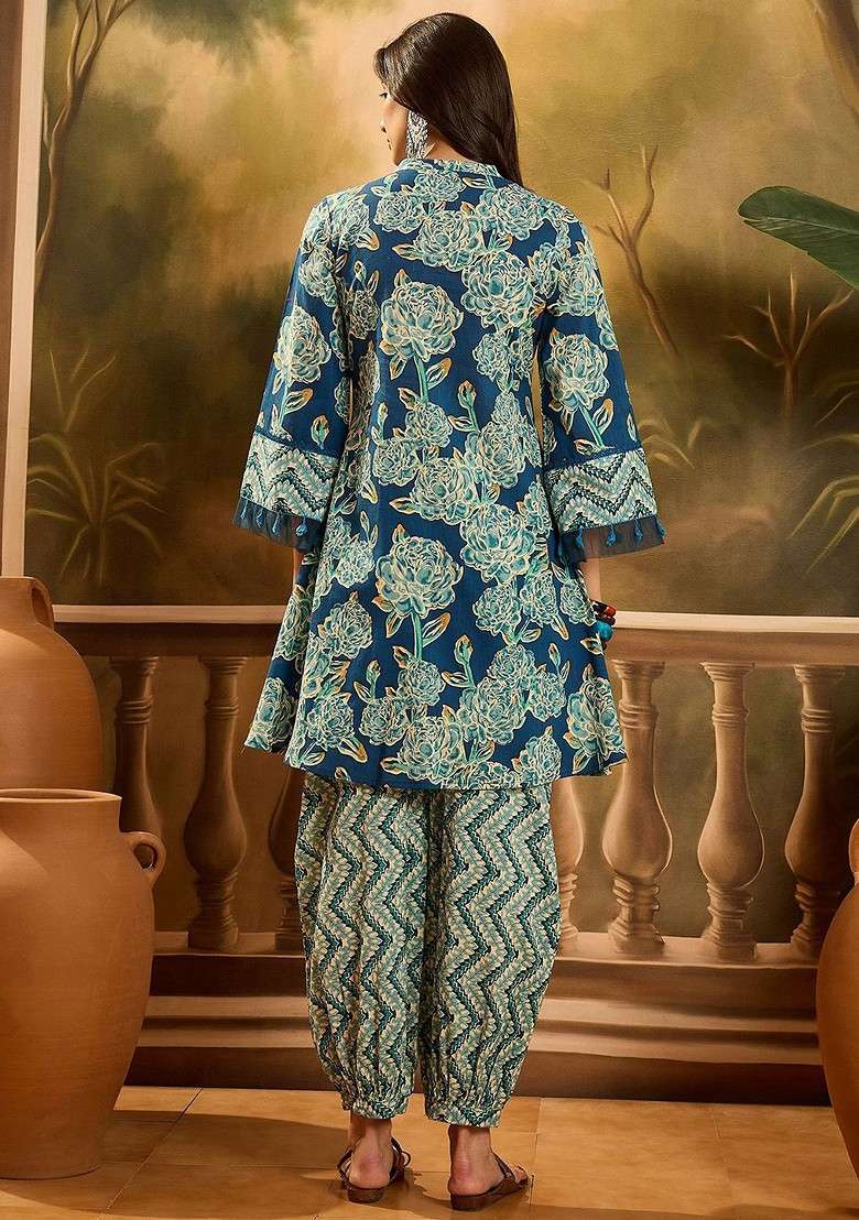 Blue Floral Printed Mandarin Collar Neck Tunic With Trousers Coords - Indya