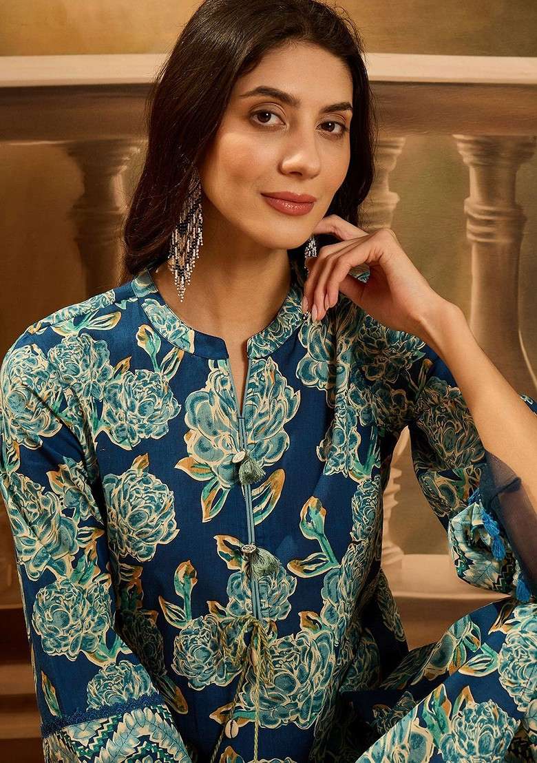Blue Floral Printed Mandarin Collar Neck Tunic With Trousers Coords - Indya