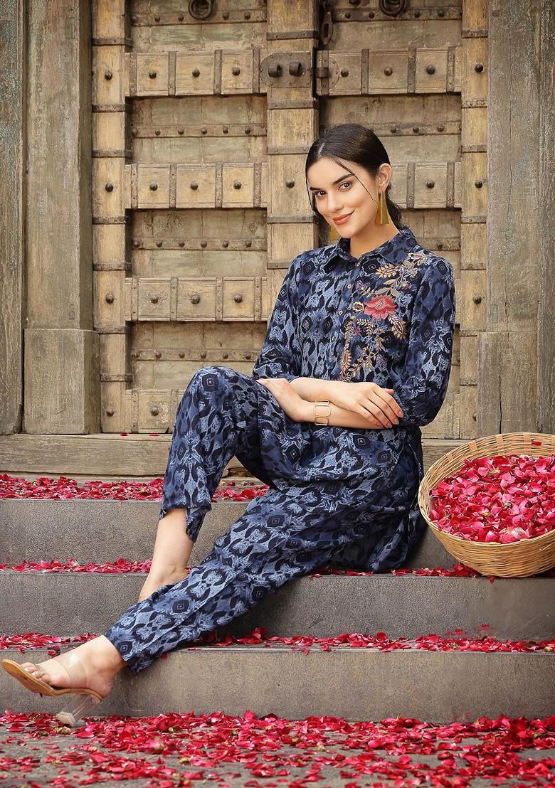 Blue Embroidered Printed Tunic And Palazzos Set