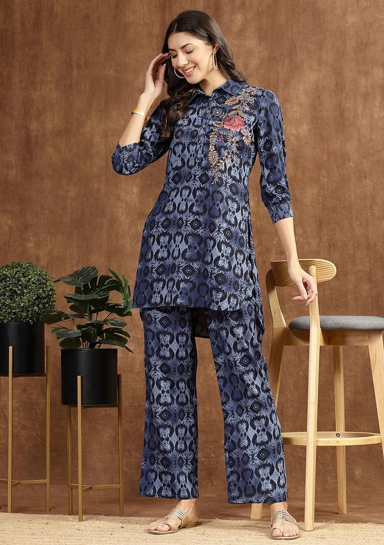 Blue Embroidered Printed Tunic And Palazzos Set