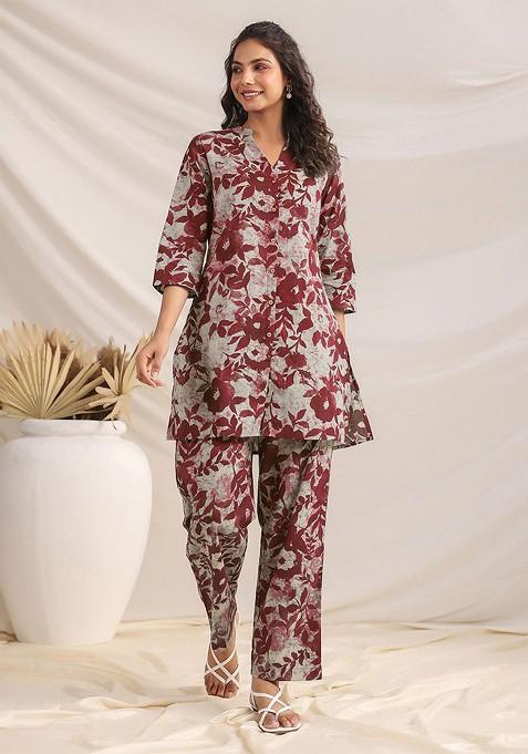 Maroon Women'S Maroon Pure Cotton Floral Printed Straight Coord Set — view on Indya