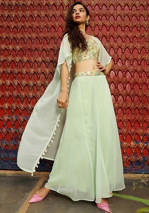 Green Embroidered Top With Palazzo And Shrug