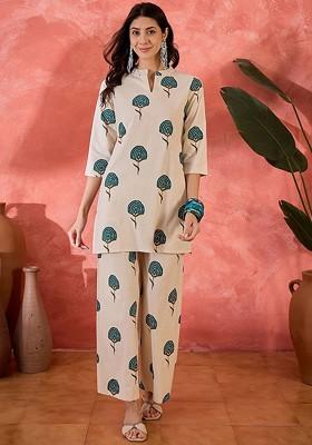 Off White Printed Pure Cotton Tunic And Palazzo Coord Set