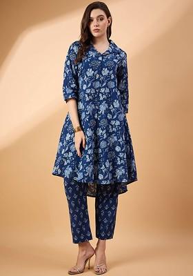 Navy Blue Floral Printed Shirt Collar Pure Cotton Tunic With Trouser