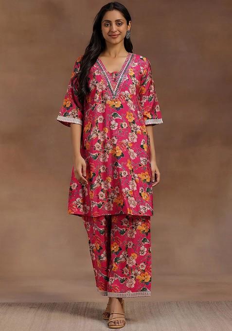 Pink Pink Floral Printed Tunic With Palazzo