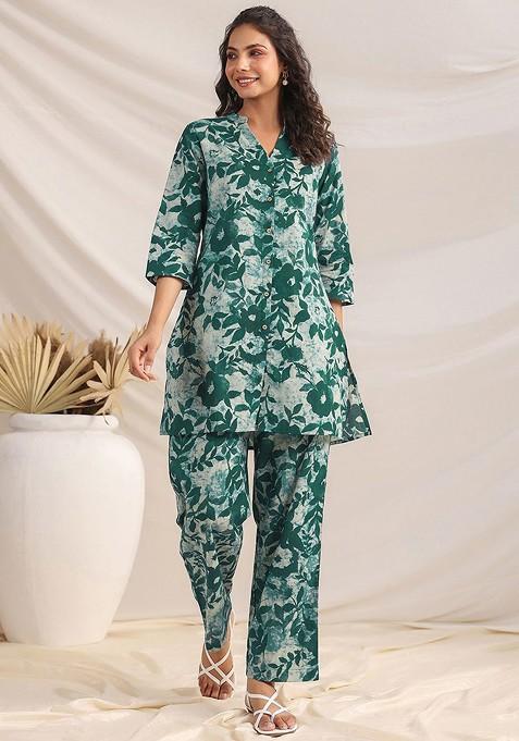 Green Women'S Green Pure Cotton Floral Printed Aline Coord Set — view on Indya