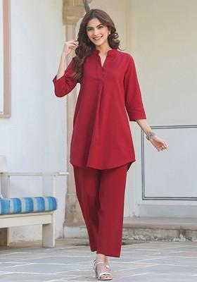 Maroon Women Maroon Cotton Solid Aline Coord Set