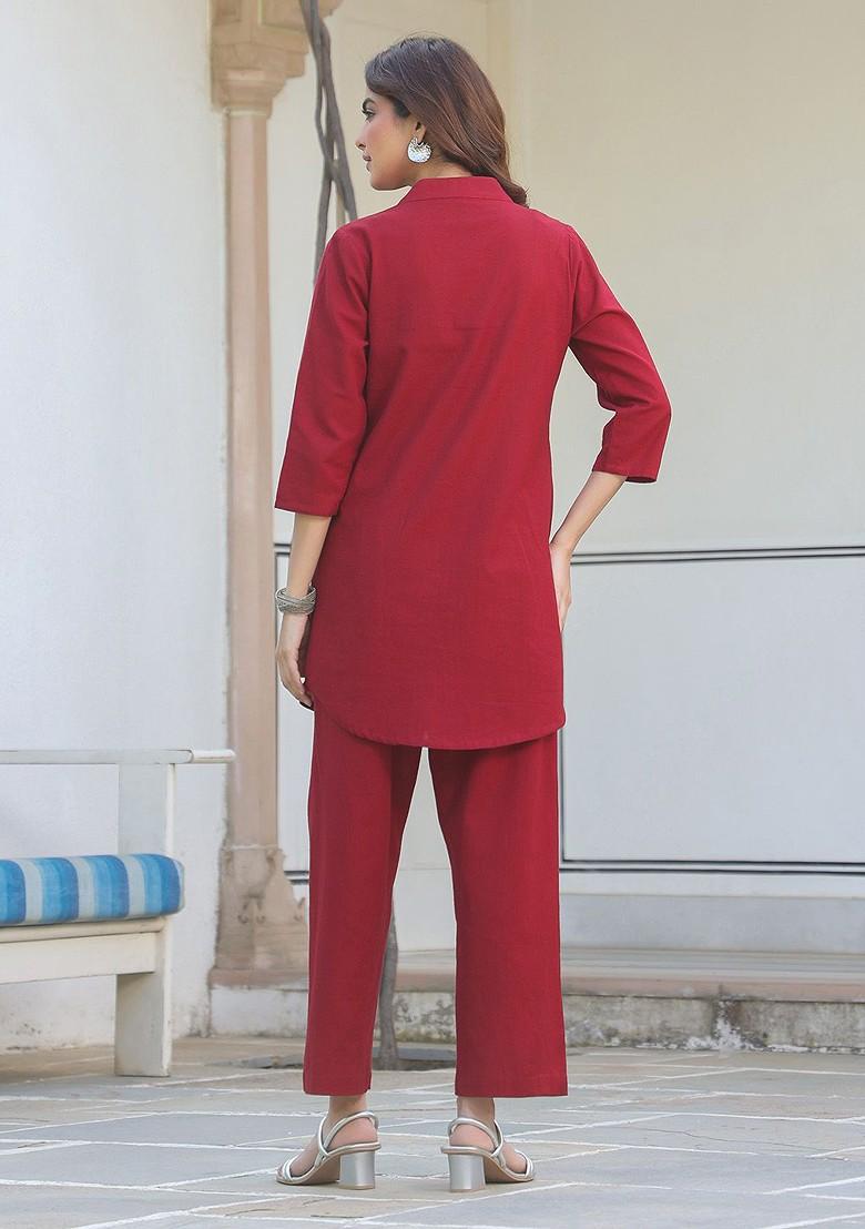 Maroon Women Maroon Cotton Solid Aline Coord Set - Indya