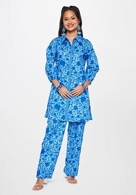 Blue Floral Printed Pure Cotton Longline Shirt And Trouser Coords Set