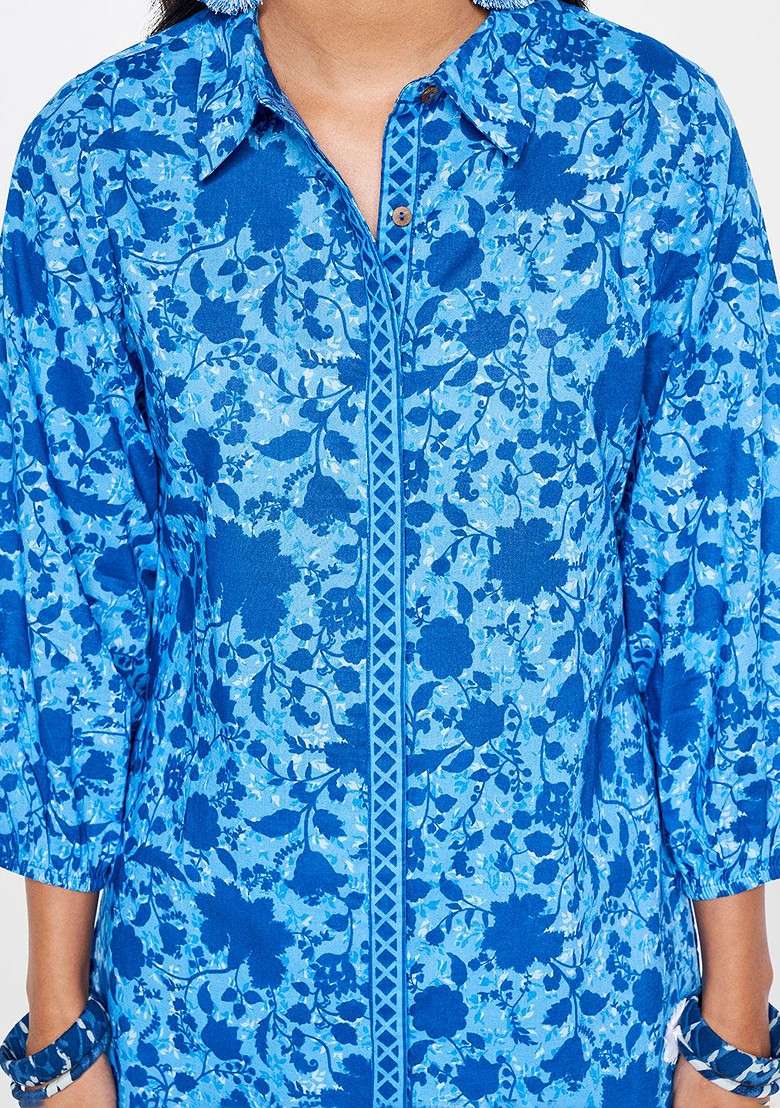 Blue Floral Printed Pure Cotton Longline Shirt And Trouser Coords Set - Indya