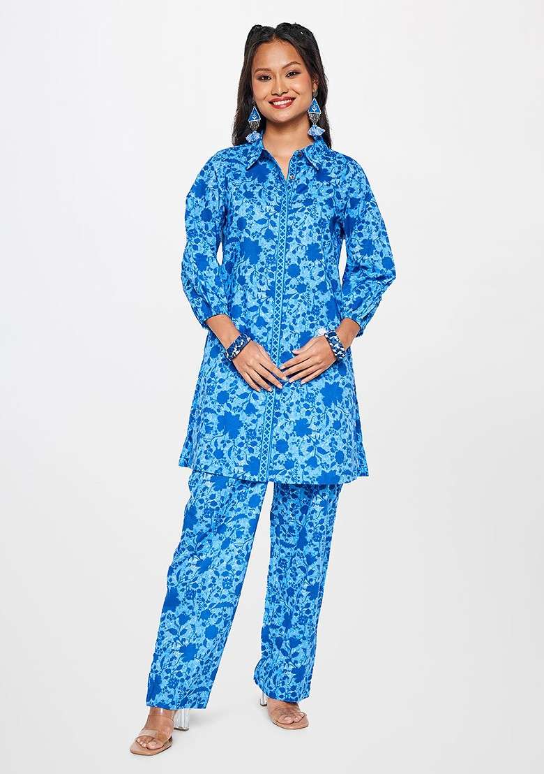 Blue Floral Printed Pure Cotton Longline Shirt And Trouser Coords Set - Indya