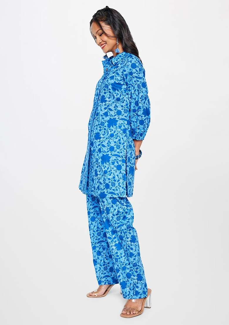 Blue Floral Printed Pure Cotton Longline Shirt And Trouser Coords Set - Indya