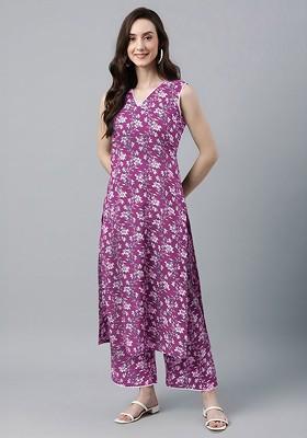 Purple Printed Pure Cotton Tunic With Trousers