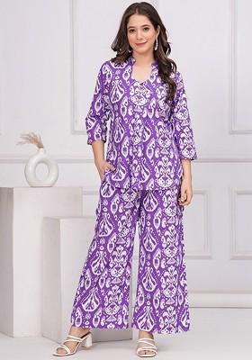 Purple Ikat Printed Mandarin Collar Pure Cotton Tunic And Trousers