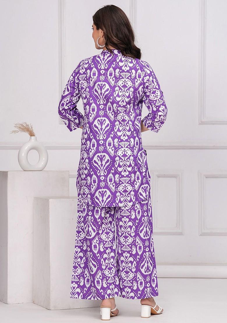 Purple Ikat Printed Mandarin Collar Pure Cotton Tunic And Trousers