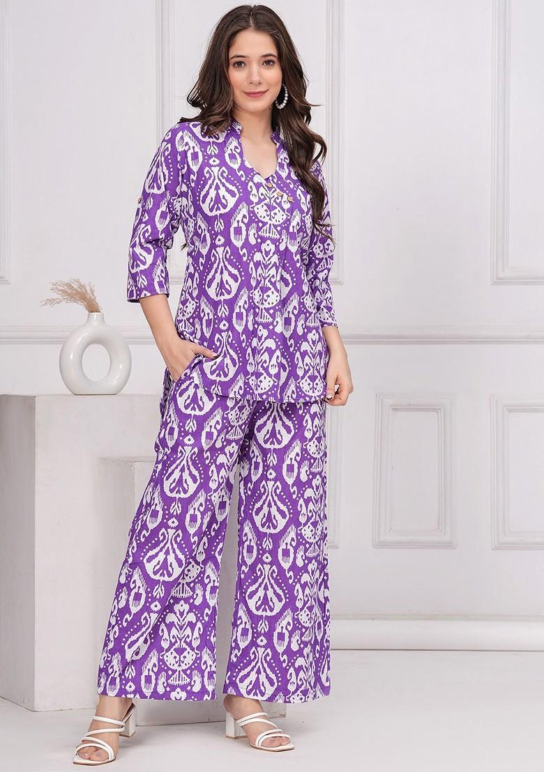 Purple Ikat Printed Mandarin Collar Pure Cotton Tunic And Trousers