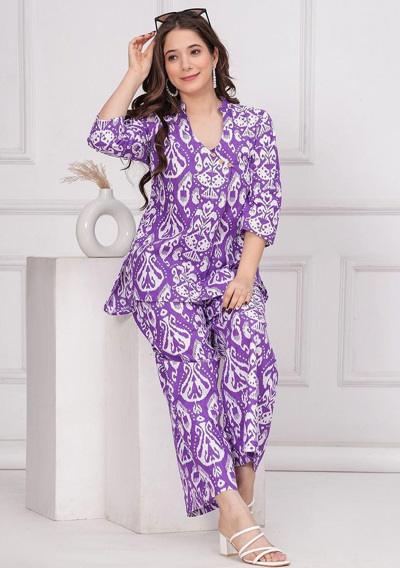 Purple Ikat Printed Mandarin Collar Pure Cotton Tunic And Trousers
