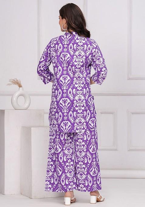 Purple Ikat Printed Mandarin Collar Pure Cotton Tunic And Trousers