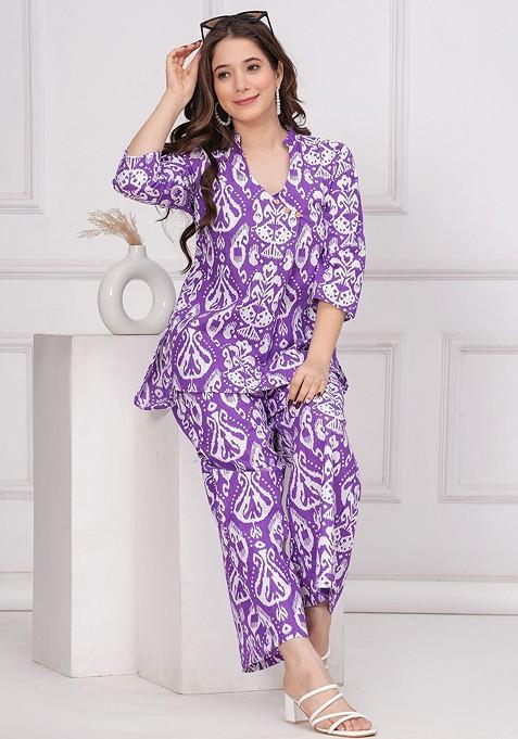 Purple Ikat Printed Mandarin Collar Pure Cotton Tunic And Trousers