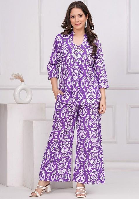 Purple Ikat Printed Mandarin Collar Pure Cotton Tunic And Trousers