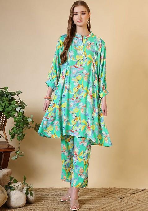 Green Green Floral Printed Mandarin Collar Tunic With Trousers