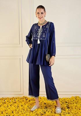 Blue Embroidered Peplum Top With Palazzo Coords