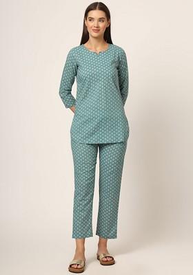 Green Floral Printed Cotton Tunic With Trousers Coords
