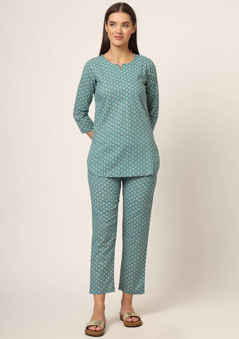 Green Floral Printed Cotton Tunic With Trousers Coords - Indya