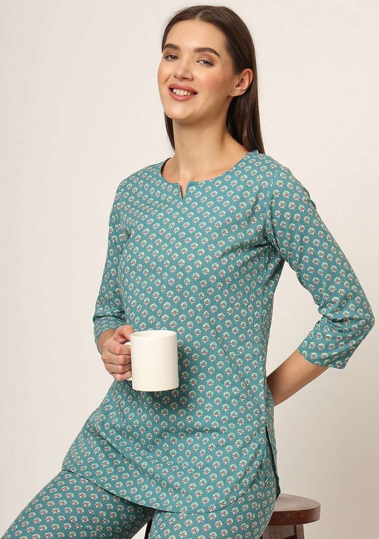 Green Floral Printed Cotton Tunic With Trousers Coords - Indya