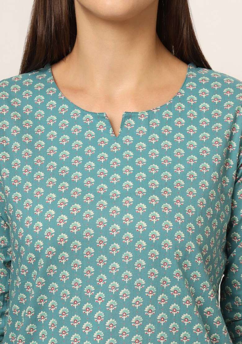 Green Floral Printed Cotton Tunic With Trousers Coords - Indya
