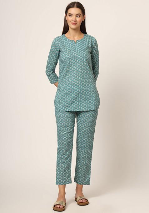 Green Floral Printed Cotton Tunic With Trousers Coords