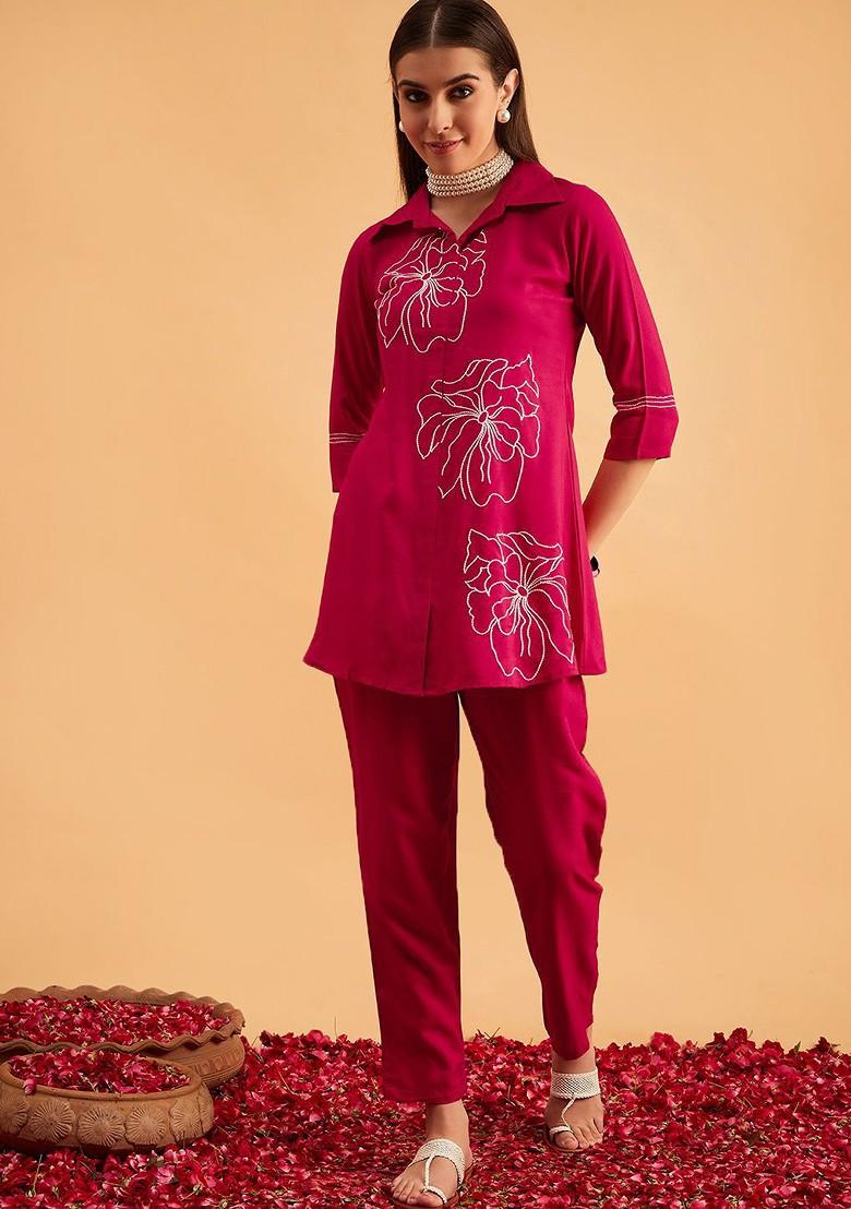Pink Embroidered Tunic With Trouser Coords Set