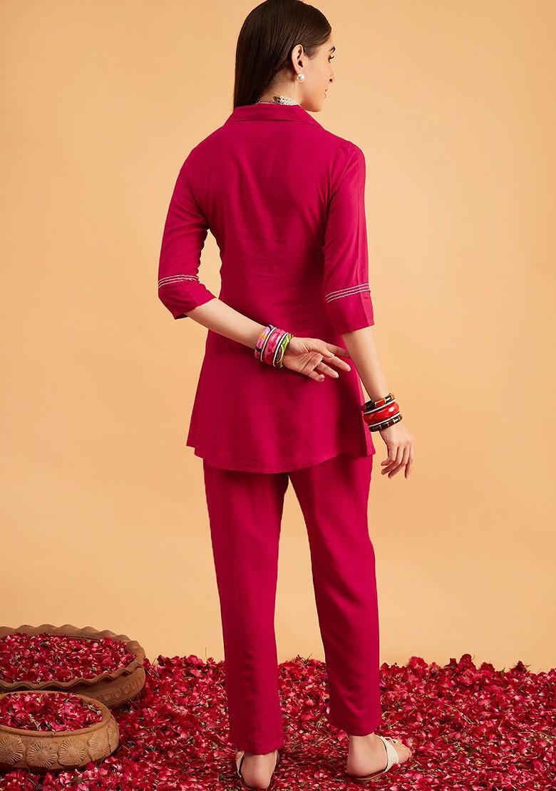 Pink Embroidered Tunic With Trouser Coords Set