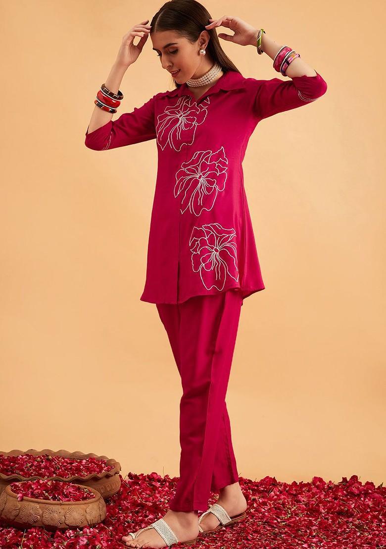 Pink Embroidered Tunic With Trouser Coords Set