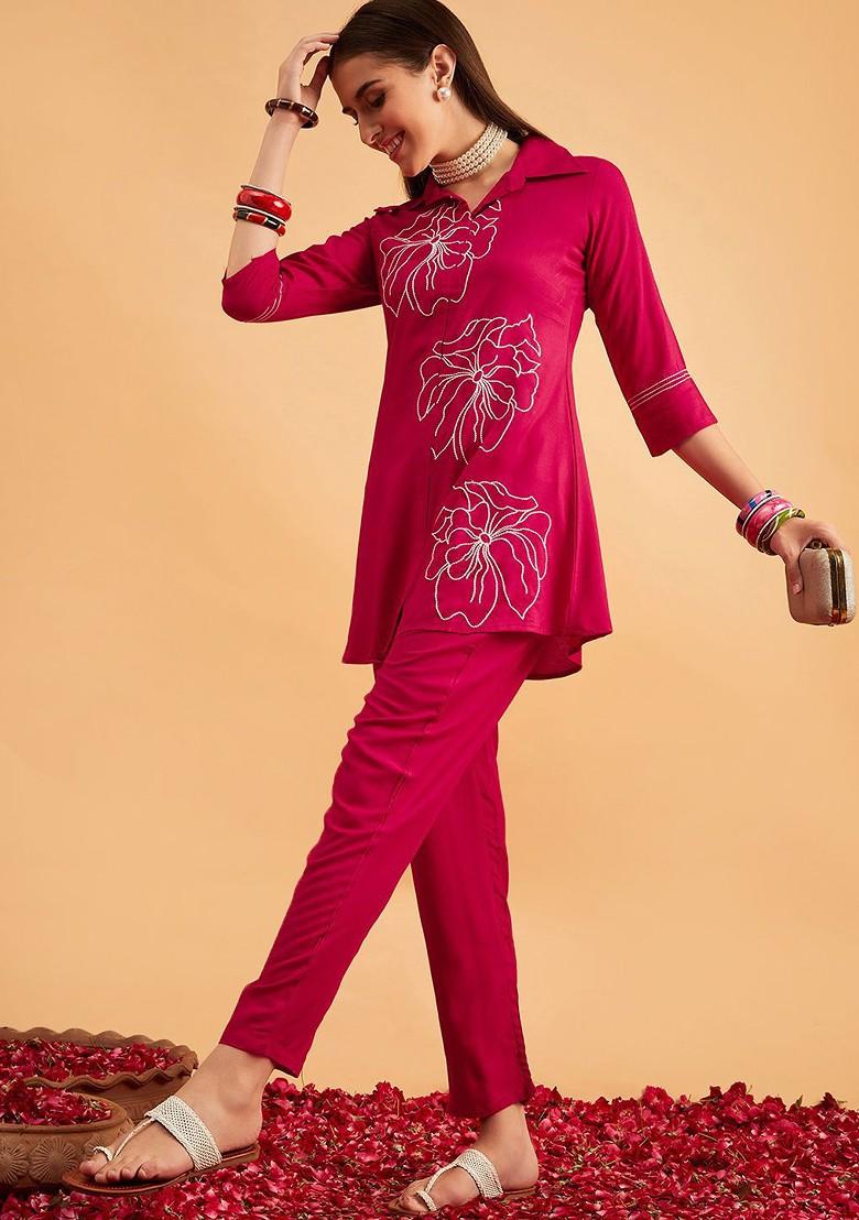 Pink Embroidered Tunic With Trouser Coords Set
