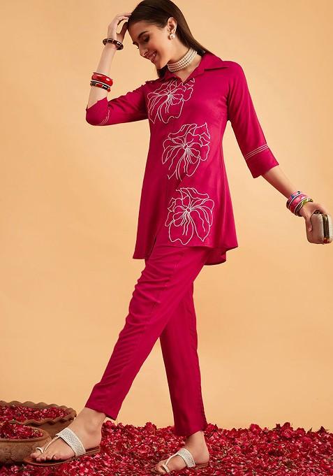 Pink Embroidered Tunic With Trouser Coords Set