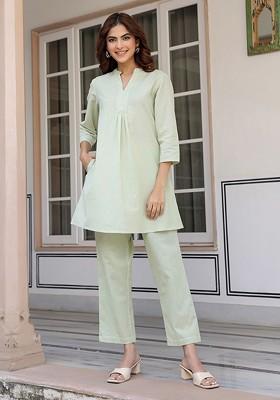 Green Women Cotton Solid Aline Coord Set