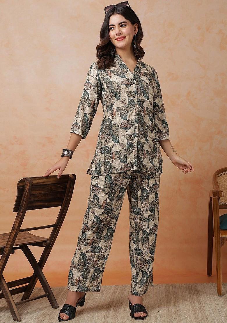 Green Mandarin Collar Printed Shirt With Trousers