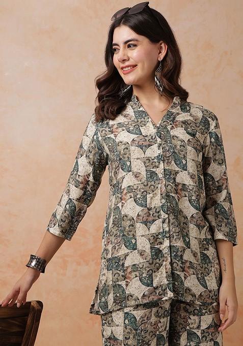 Green Mandarin Collar Printed Shirt With Trousers