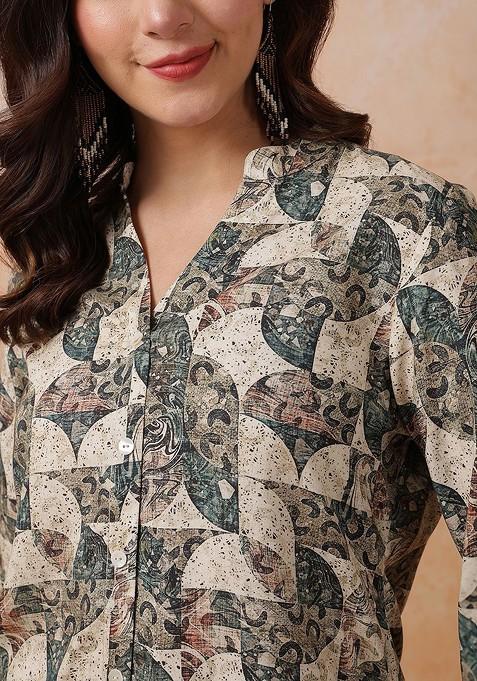 Green Mandarin Collar Printed Shirt With Trousers