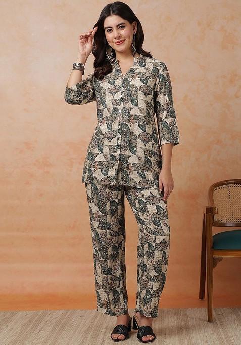 Green Mandarin Collar Printed Shirt With Trousers