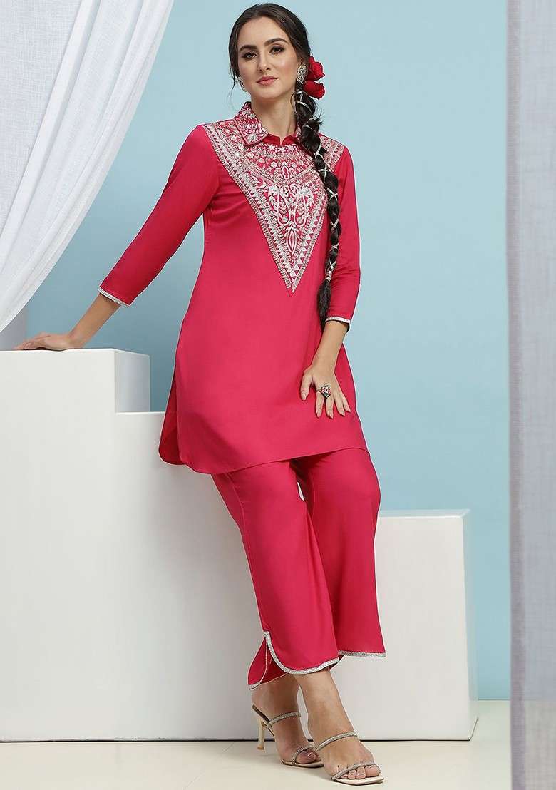 Pink Embroidered Shirt Collar Top With Trousers - Indya