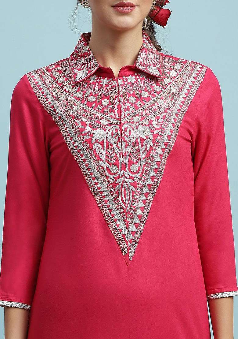 Pink Embroidered Shirt Collar Top With Trousers - Indya