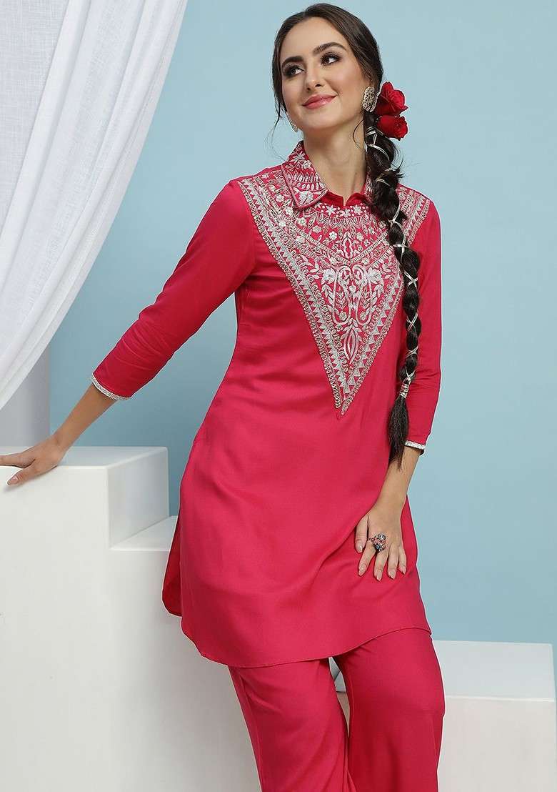Pink Embroidered Shirt Collar Top With Trousers - Indya