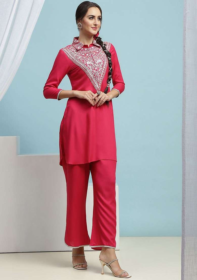 Pink Embroidered Shirt Collar Top With Trousers - Indya