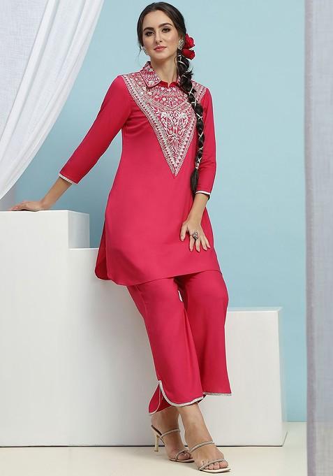 Pink Embroidered Shirt Collar Top With Trousers