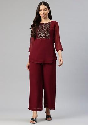 Burgundy Embellished Yoke Design Top With Palazzos