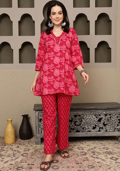 Red Women Floral Printed Top With Trousers Coords