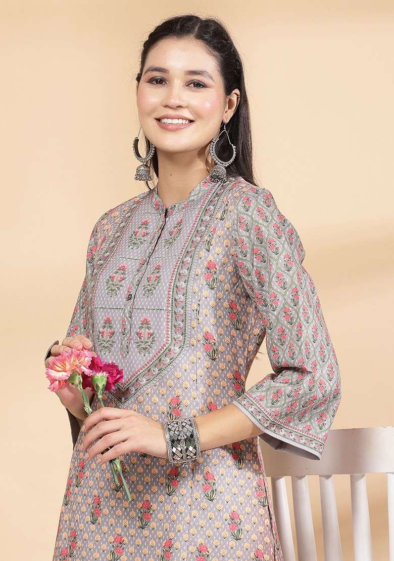 Grey Floral Printed Gotta Patti Linen Straight Kurta With Palazzos - Indya