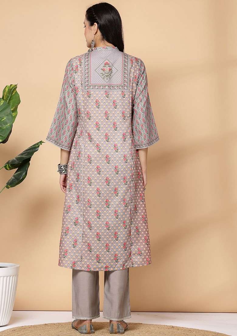 Grey Floral Printed Gotta Patti Linen Straight Kurta With Palazzos - Indya